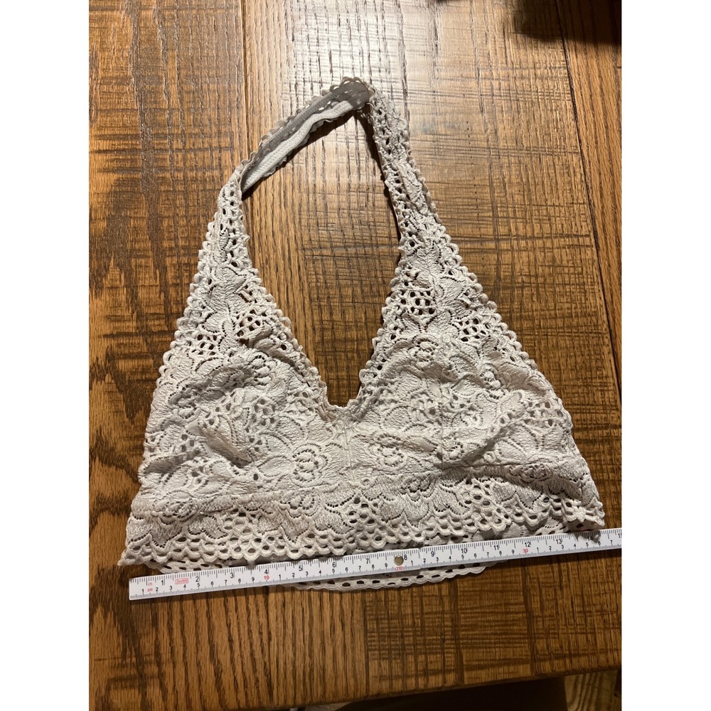 Aerie Light Grey Lace Halter Bralette Bralette Large Crochet gray sm hole